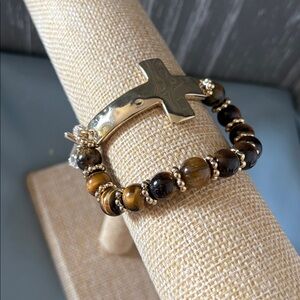 NWT Gold & Brown Cross Stretch Bracelet with Accent Beads